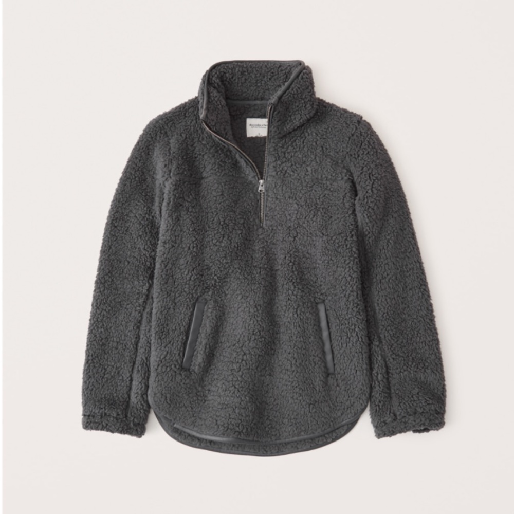 Abercrombie Women’s Sherpa half zip faux leather trim dark grey sz XL